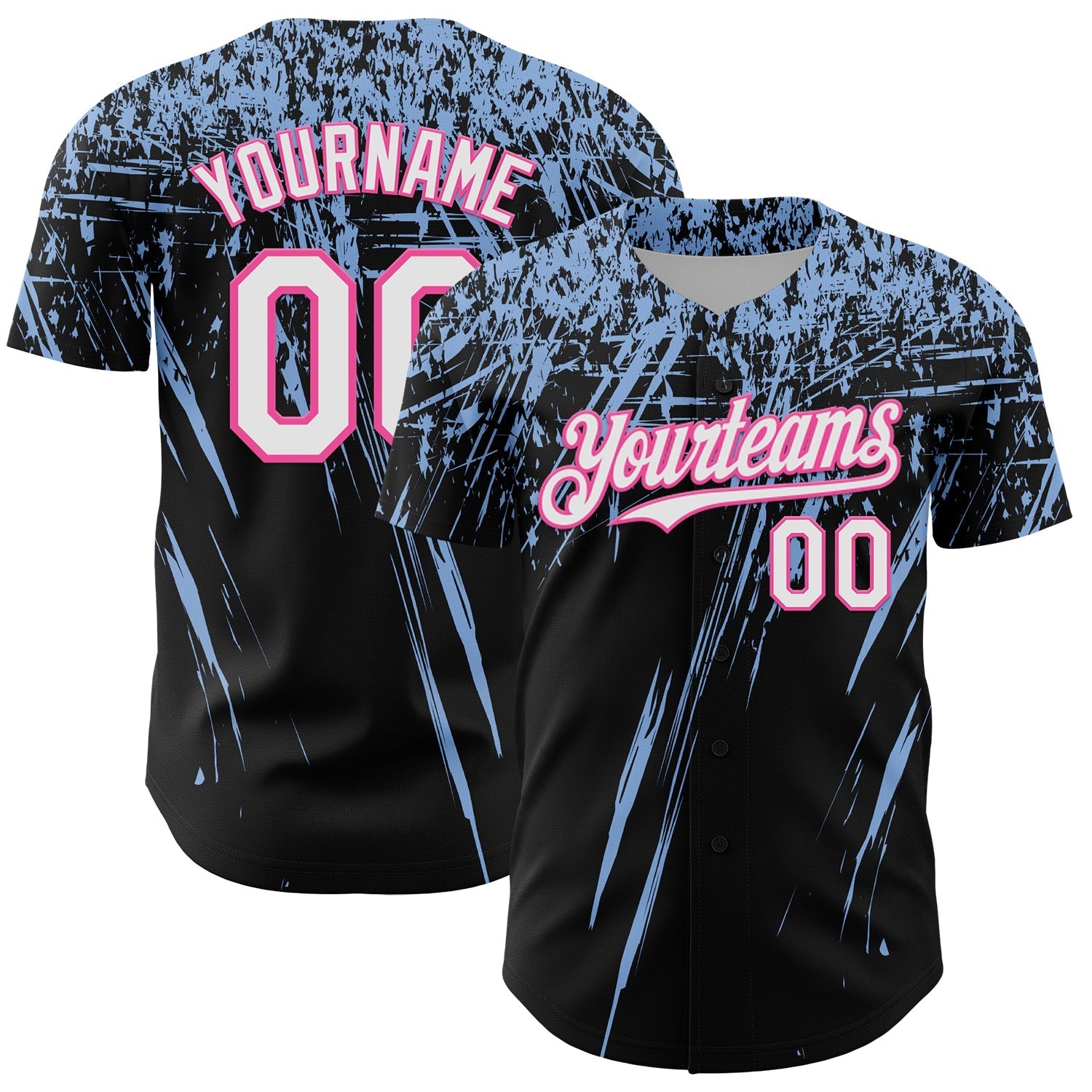 Custom Black White Light Blue-Pink Distressed Scratch Brush Stroke Authentic Baseball Jersey baseball jersey product view 1
