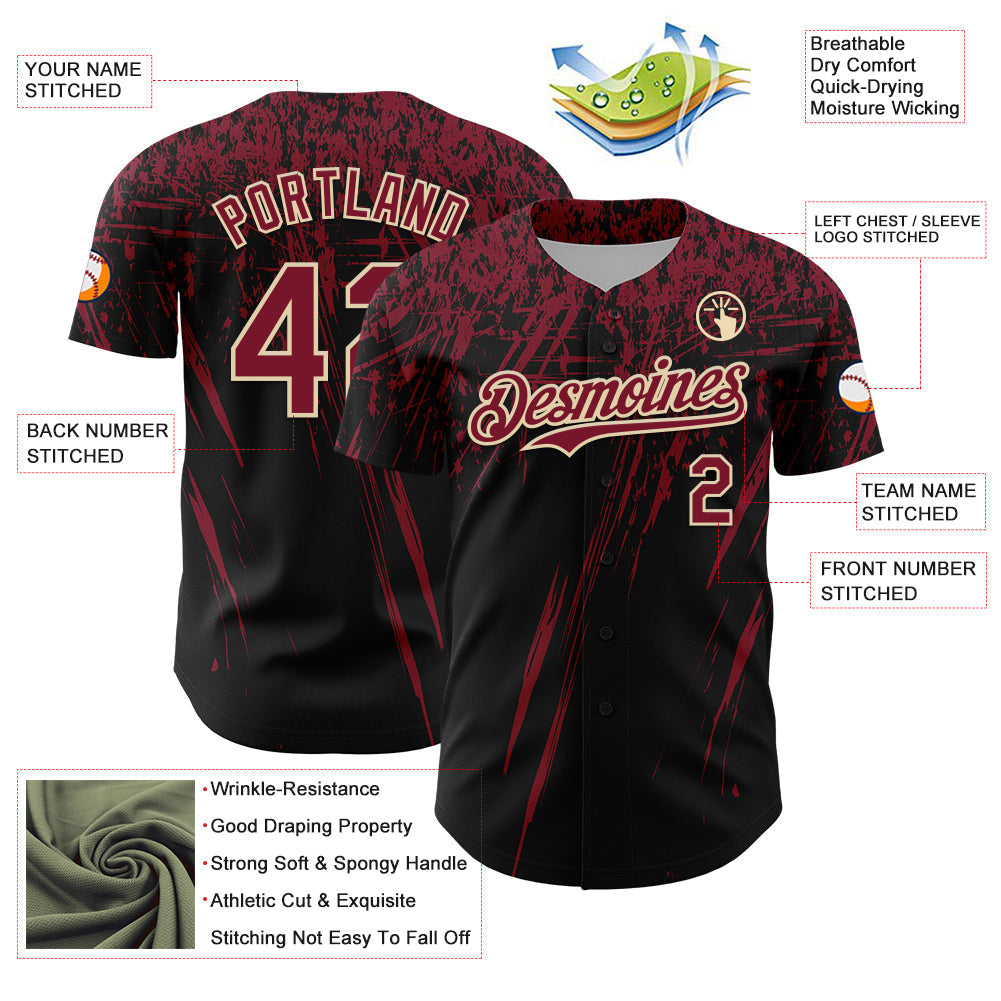 Custom Black Crimson-Cream Distressed Scratch Brush Stroke Authentic Baseball Jersey baseball jersey product view 3