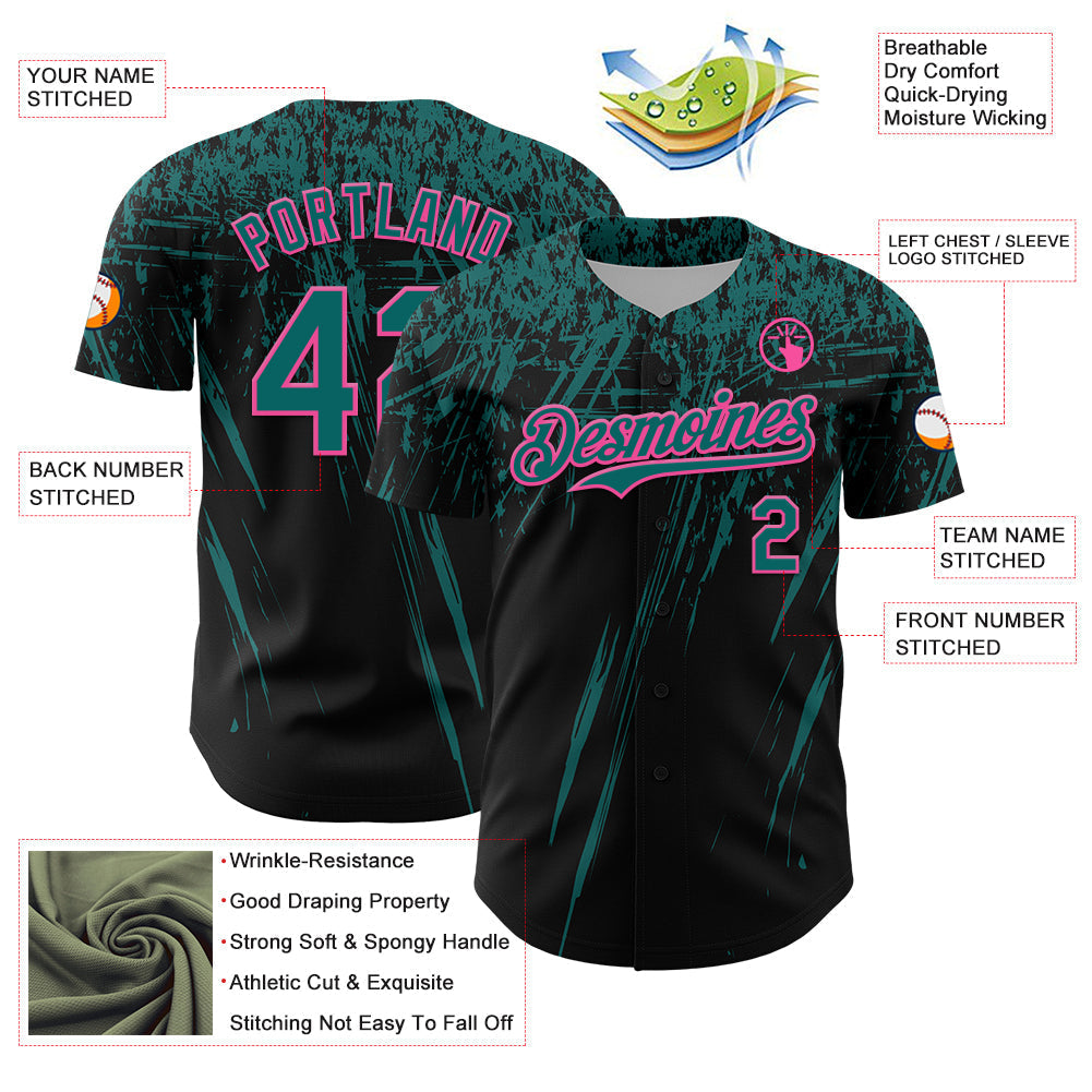 Custom Black Teal-Pink Distressed Scratch Brush Stroke Authentic Baseball Jersey baseball jersey product view 3