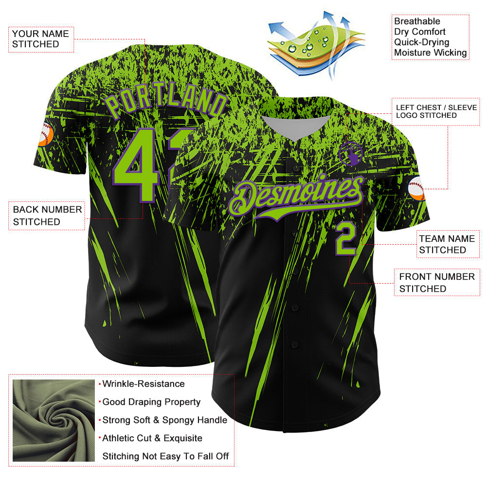 Custom Black Neon Green-Purple Distressed Scratch Brush Stroke Authentic Baseball Jersey baseball jersey product view 3