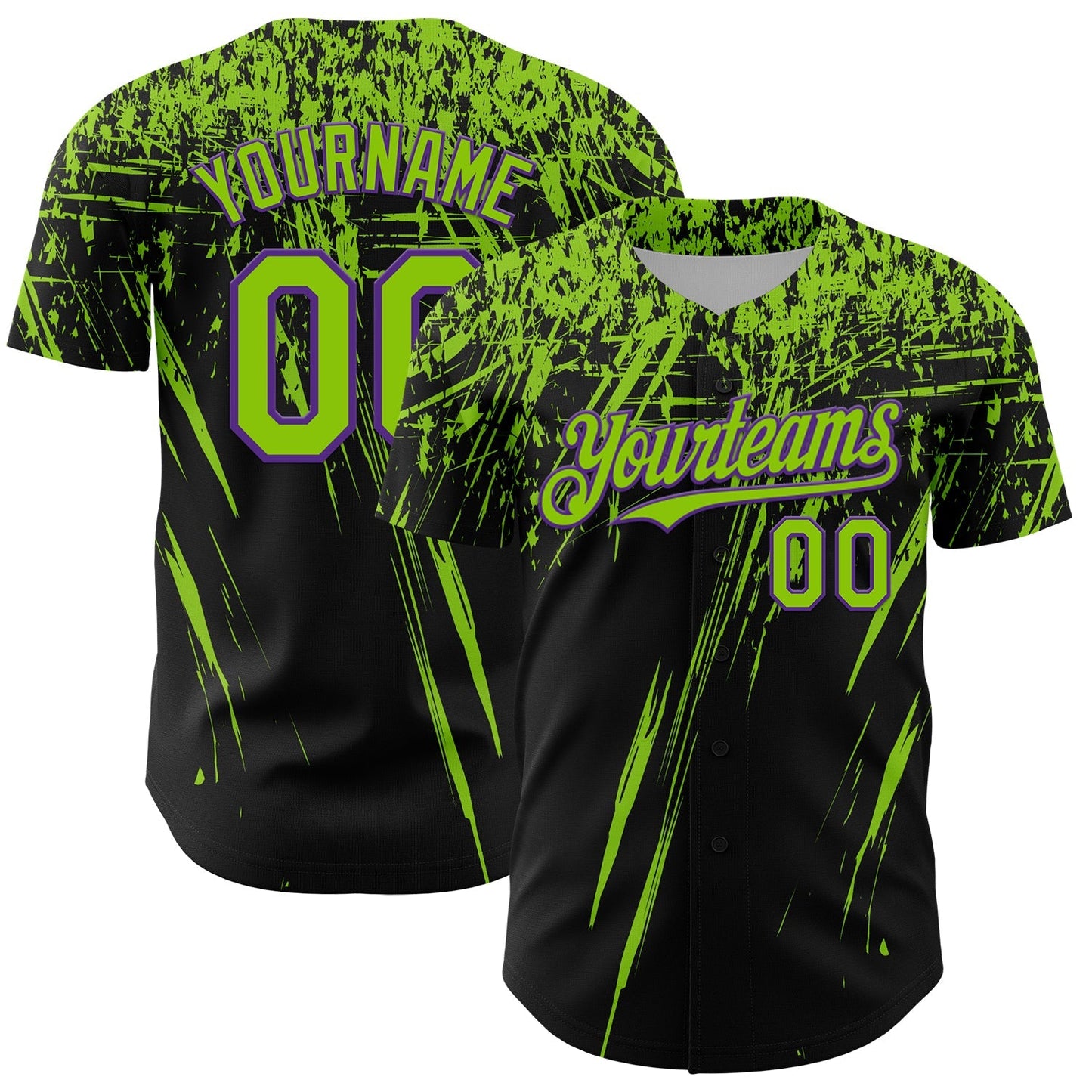 Custom Black Neon Green-Purple Distressed Scratch Brush Stroke Authentic Baseball Jersey baseball jersey product view 1
