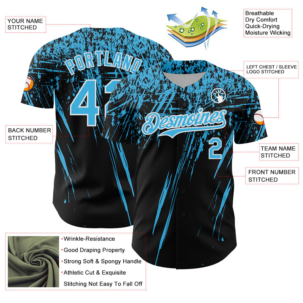 Custom Black Sky Blue-White Distressed Scratch Brush Stroke Authentic Baseball Jersey baseball jersey product view 3