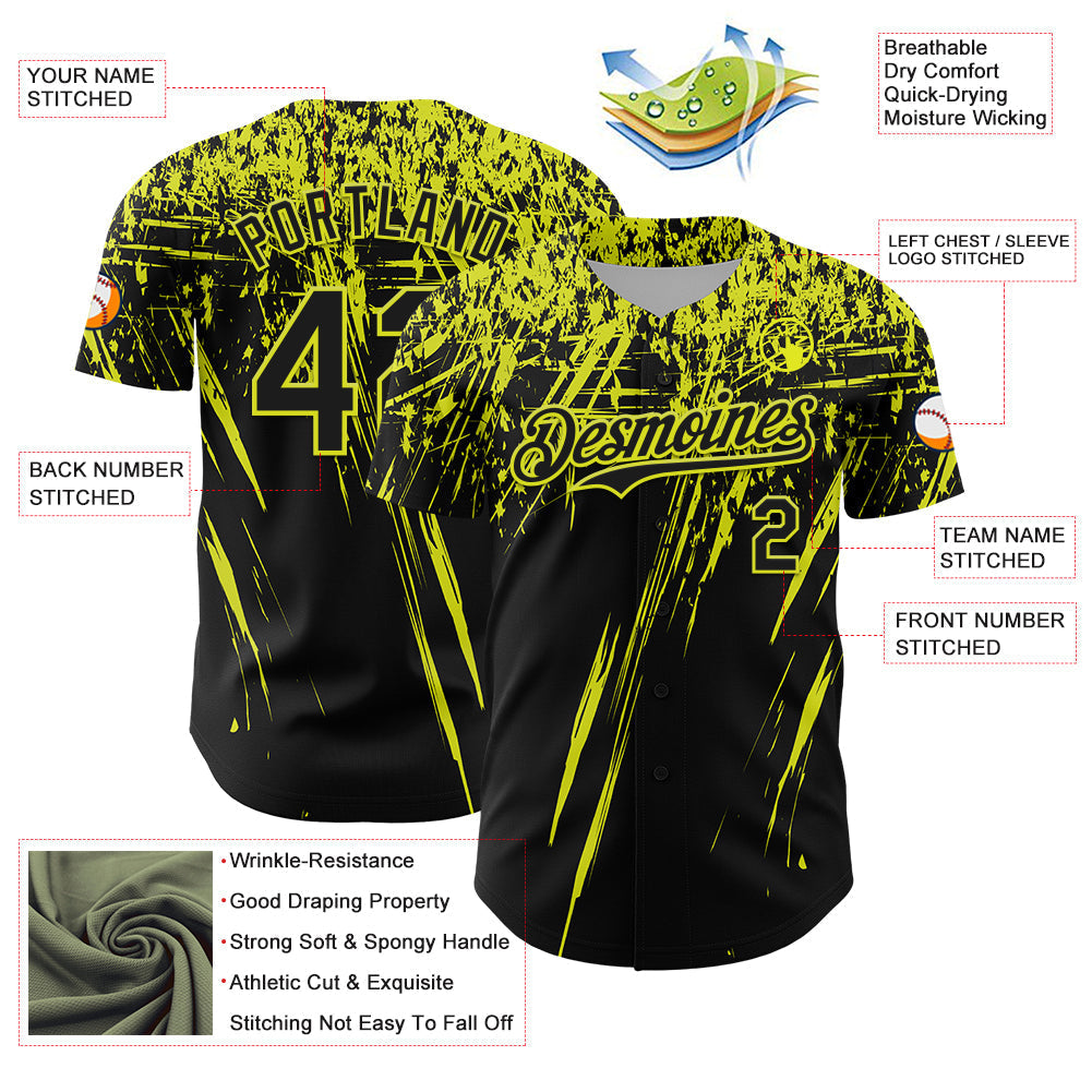 Custom Black Neon Yellow Distressed Scratch Brush Stroke Authentic Baseball Jersey baseball jersey product view 3