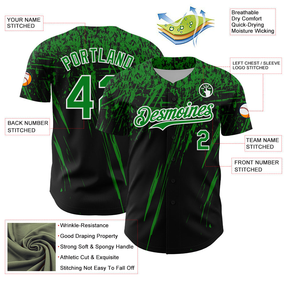 Custom Black Grass Green-White Distressed Scratch Brush Stroke Authentic Baseball Jersey baseball jersey product view 3