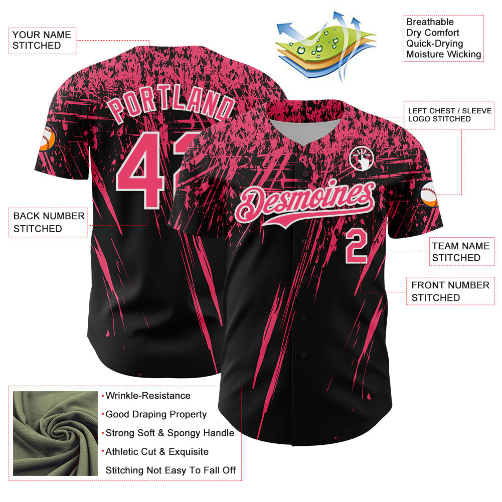Custom Black Neon Pink-White Distressed Scratch Brush Stroke Authentic Baseball Jersey baseball jersey product view 3