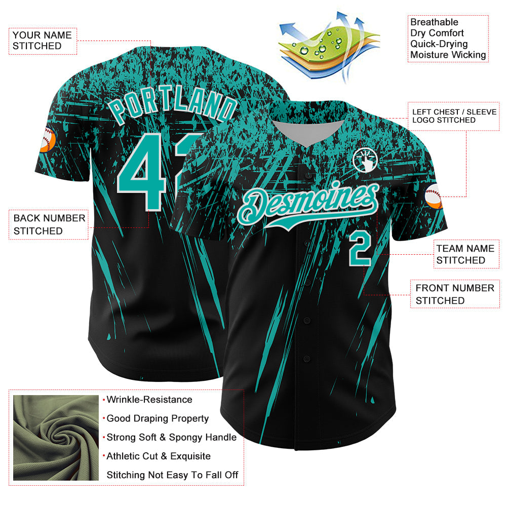 Custom Black Aqua-White Distressed Scratch Brush Stroke Authentic Baseball Jersey baseball jersey product view 3
