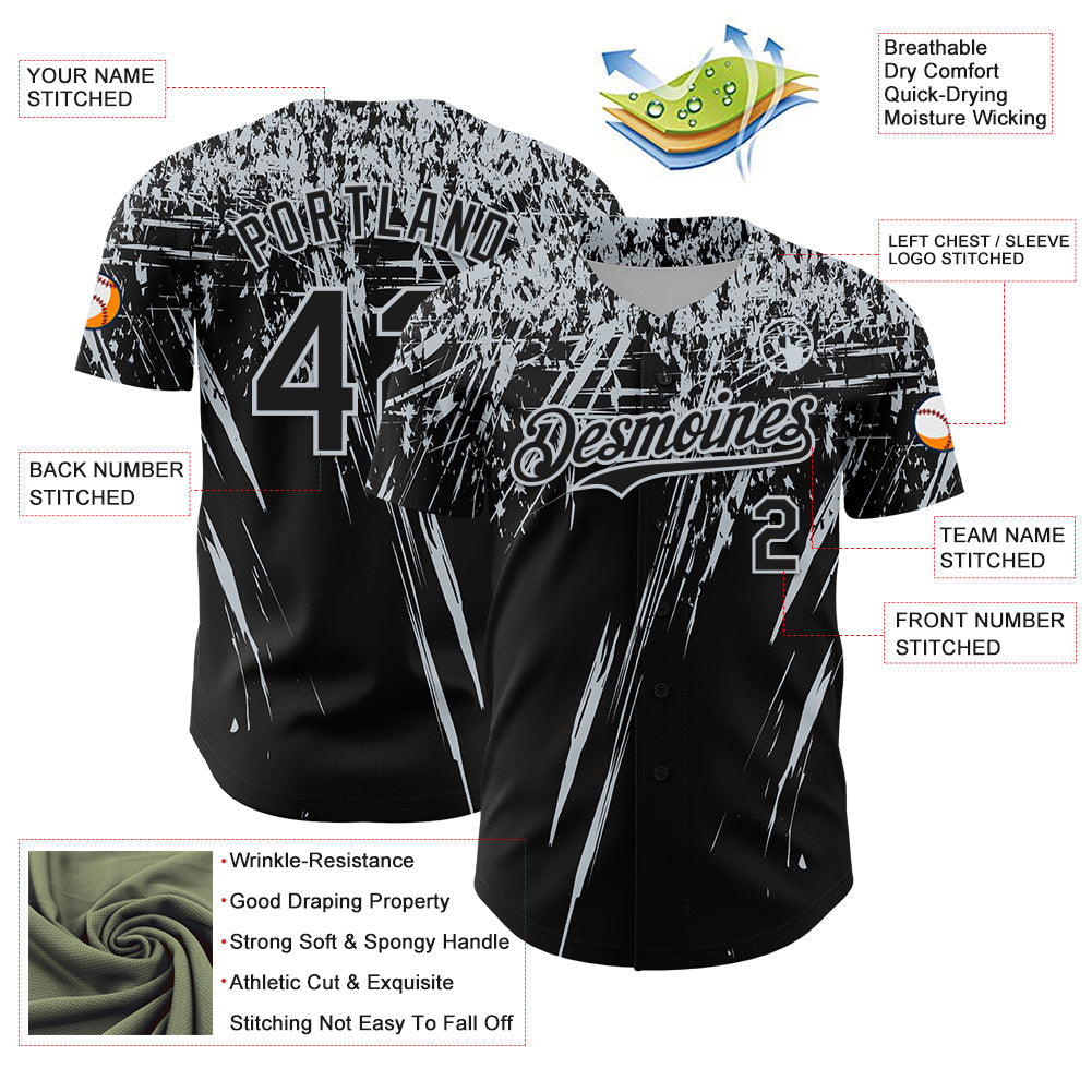 Custom Black Silver Distressed Scratch Brush Stroke Authentic Baseball Jersey baseball jersey product view 3