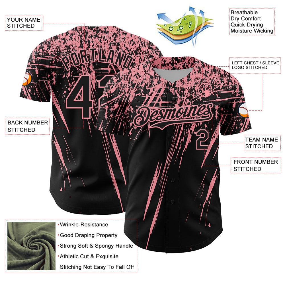 Custom Black Medium Pink Distressed Scratch Brush Stroke Authentic Baseball Jersey baseball jersey product view 3