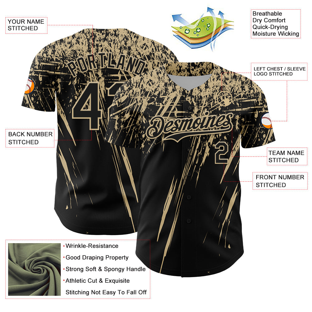 Custom Black Vegas Gold Distressed Scratch Brush Stroke Authentic Baseball Jersey baseball jersey product view 3