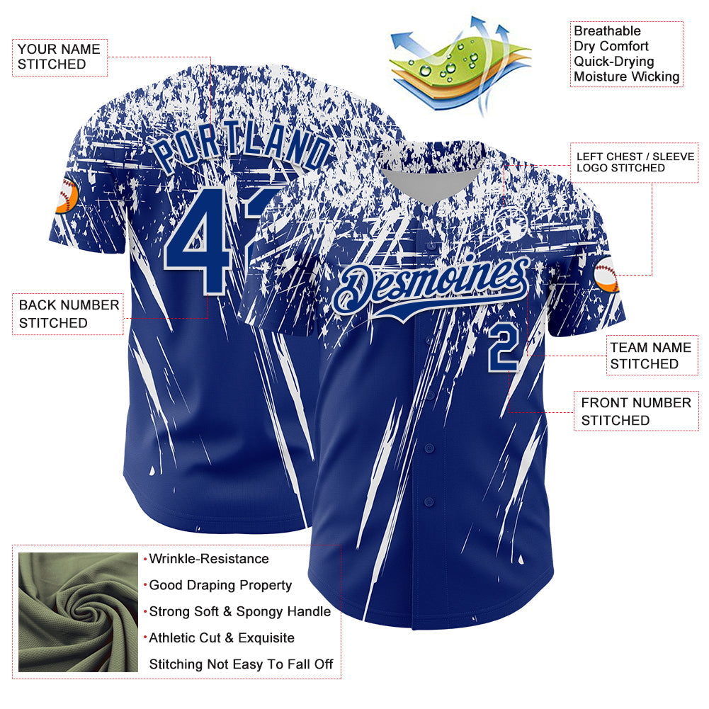 Custom Royal White Distressed Scratch Brush Stroke Authentic Baseball Jersey baseball jersey product view 3