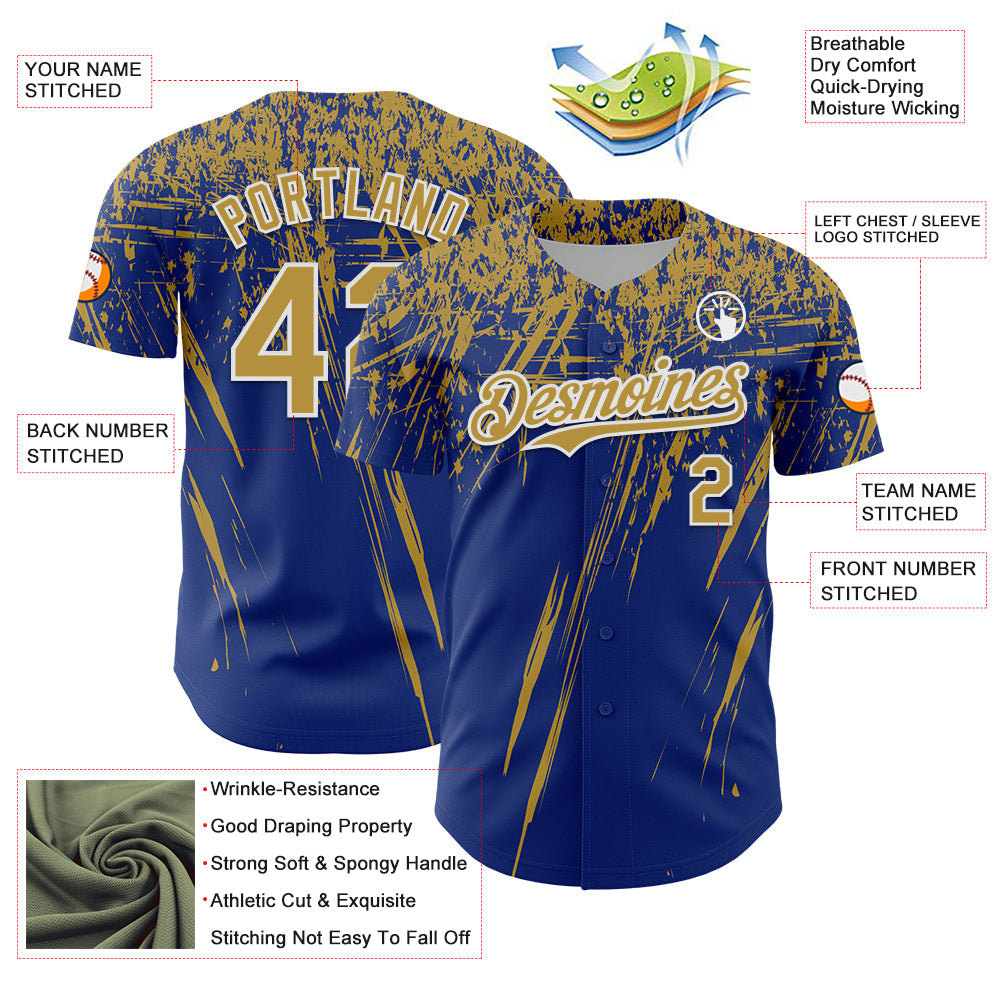 Custom Royal Old Gold-White Distressed Scratch Brush Stroke Authentic Baseball Jersey baseball jersey product view 3