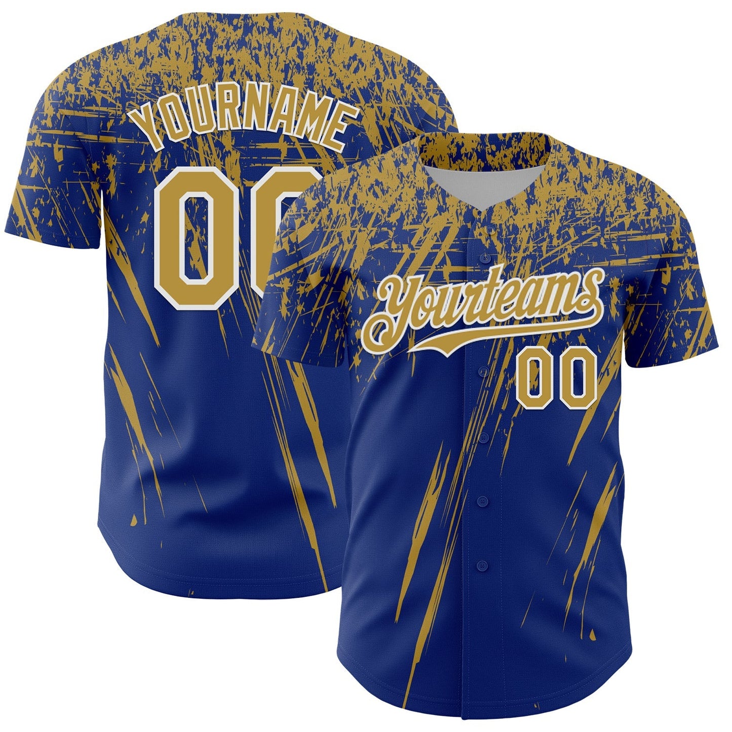 Custom Royal Old Gold-White Distressed Scratch Brush Stroke Authentic Baseball Jersey baseball jersey product view 1