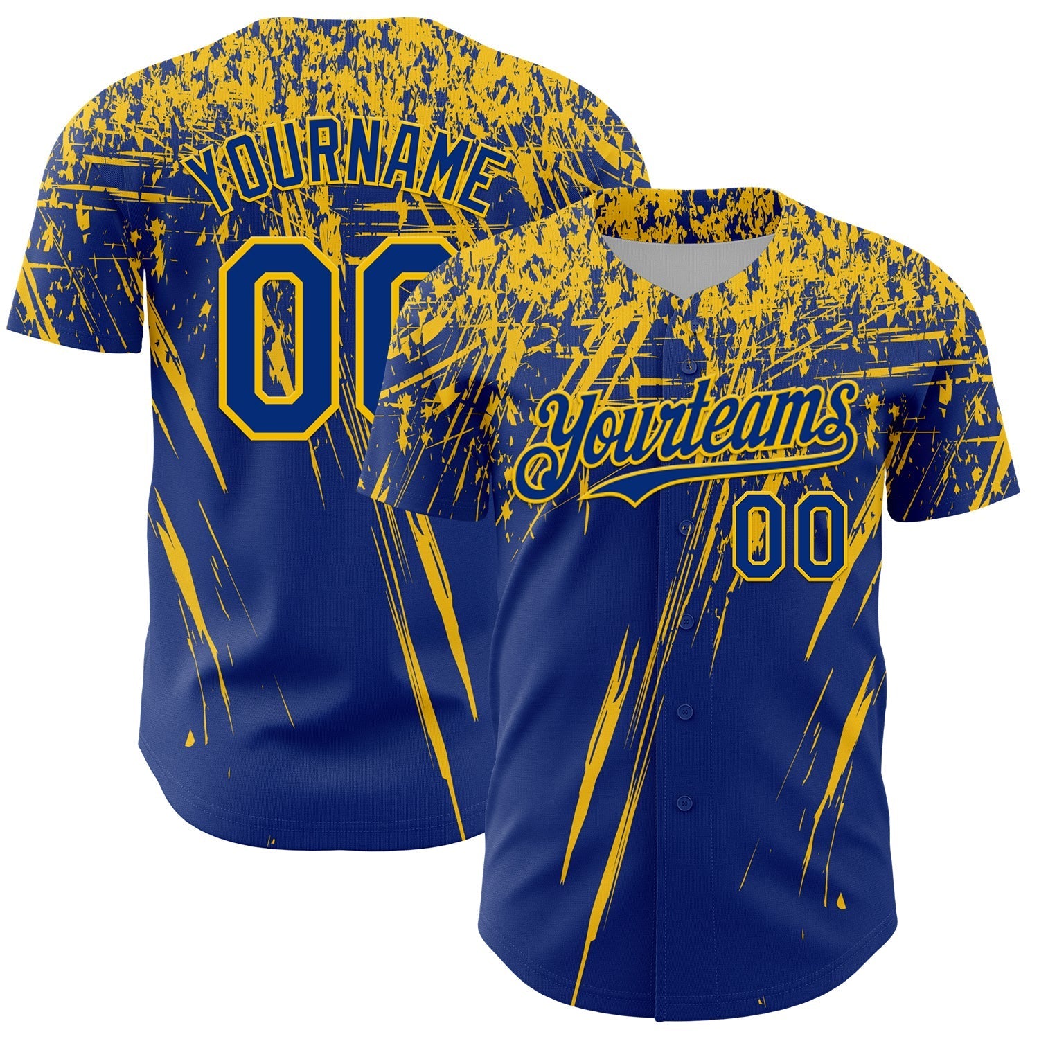 Custom Royal Yellow Distressed Scratch Brush Stroke Authentic Baseball Jersey baseball jersey product view 1