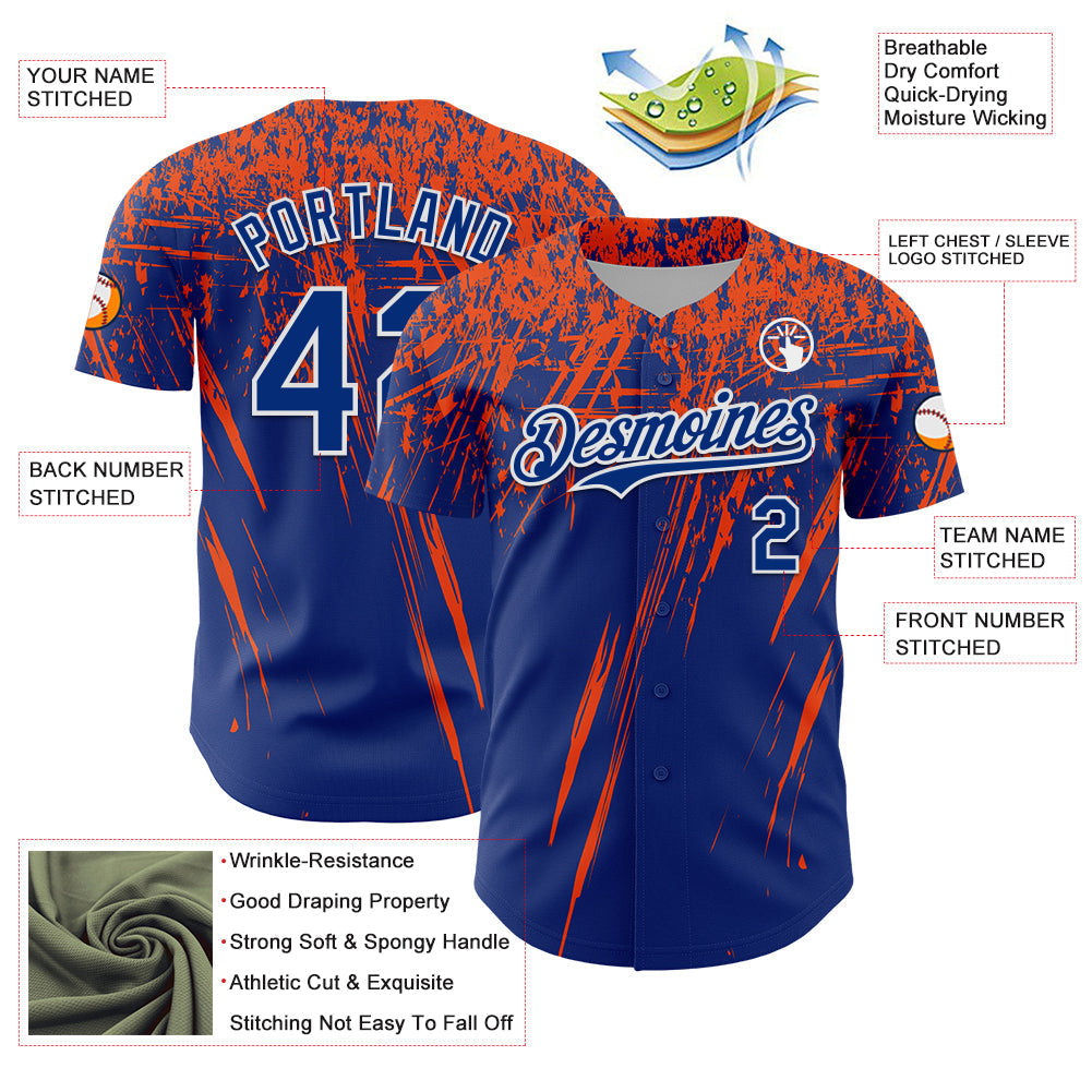 Custom Royal Orange-White Distressed Scratch Brush Stroke Authentic Baseball Jersey baseball jersey product view 3