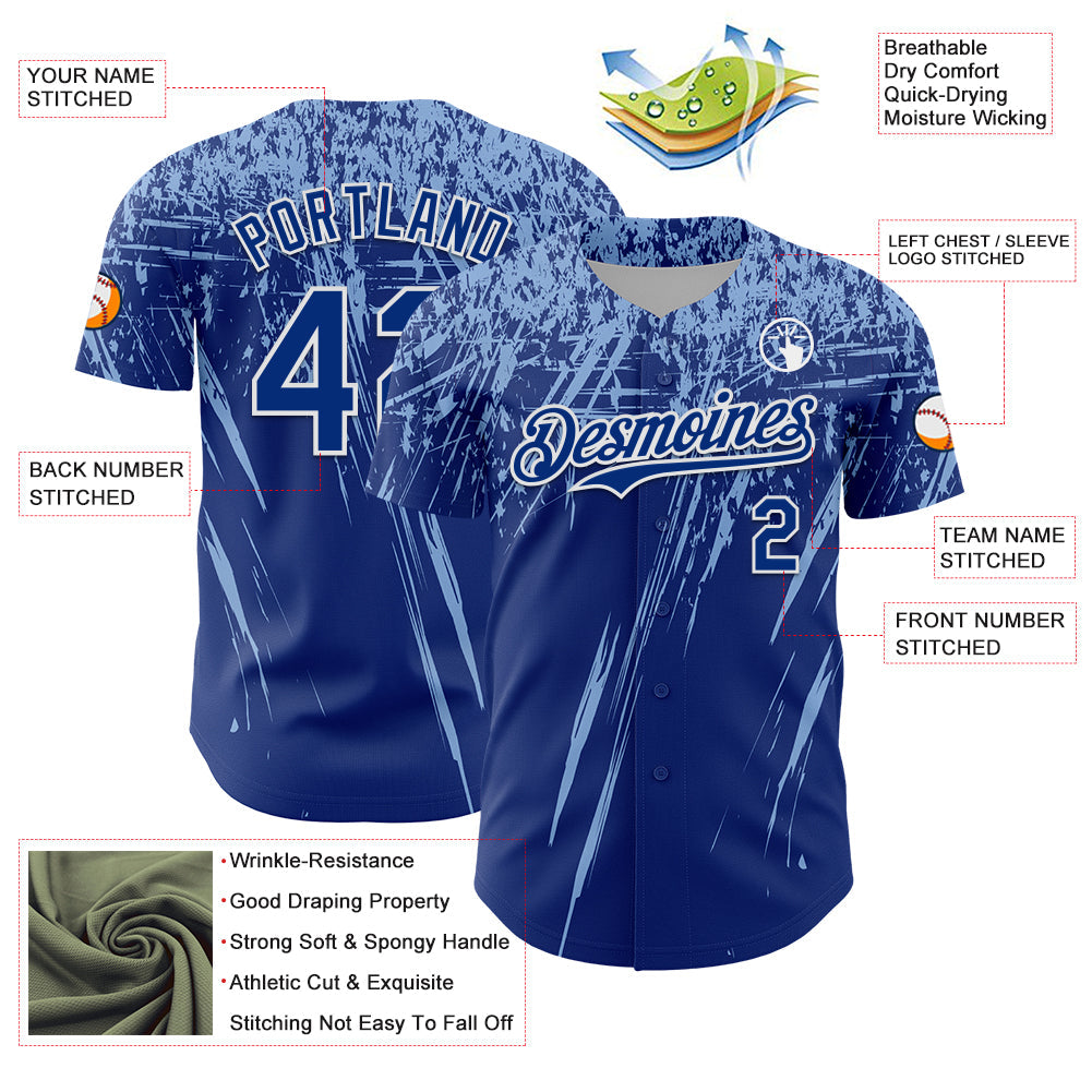 Custom Royal Light Blue-White Distressed Scratch Brush Stroke Authentic Baseball Jersey baseball jersey product view 3