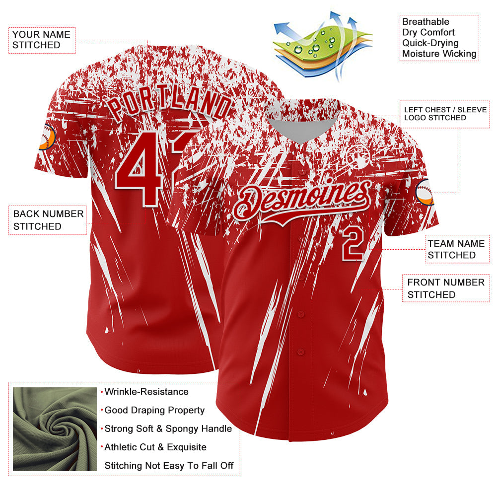 Custom Red White Distressed Scratch Brush Stroke Authentic Baseball Jersey baseball jersey product view 3