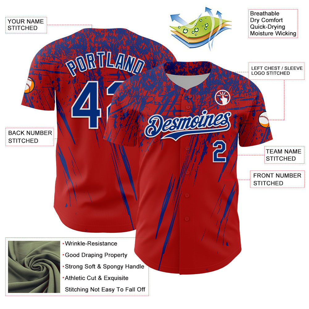 Custom Red Royal-White Distressed Scratch Brush Stroke Authentic Baseball Jersey baseball jersey product view 3