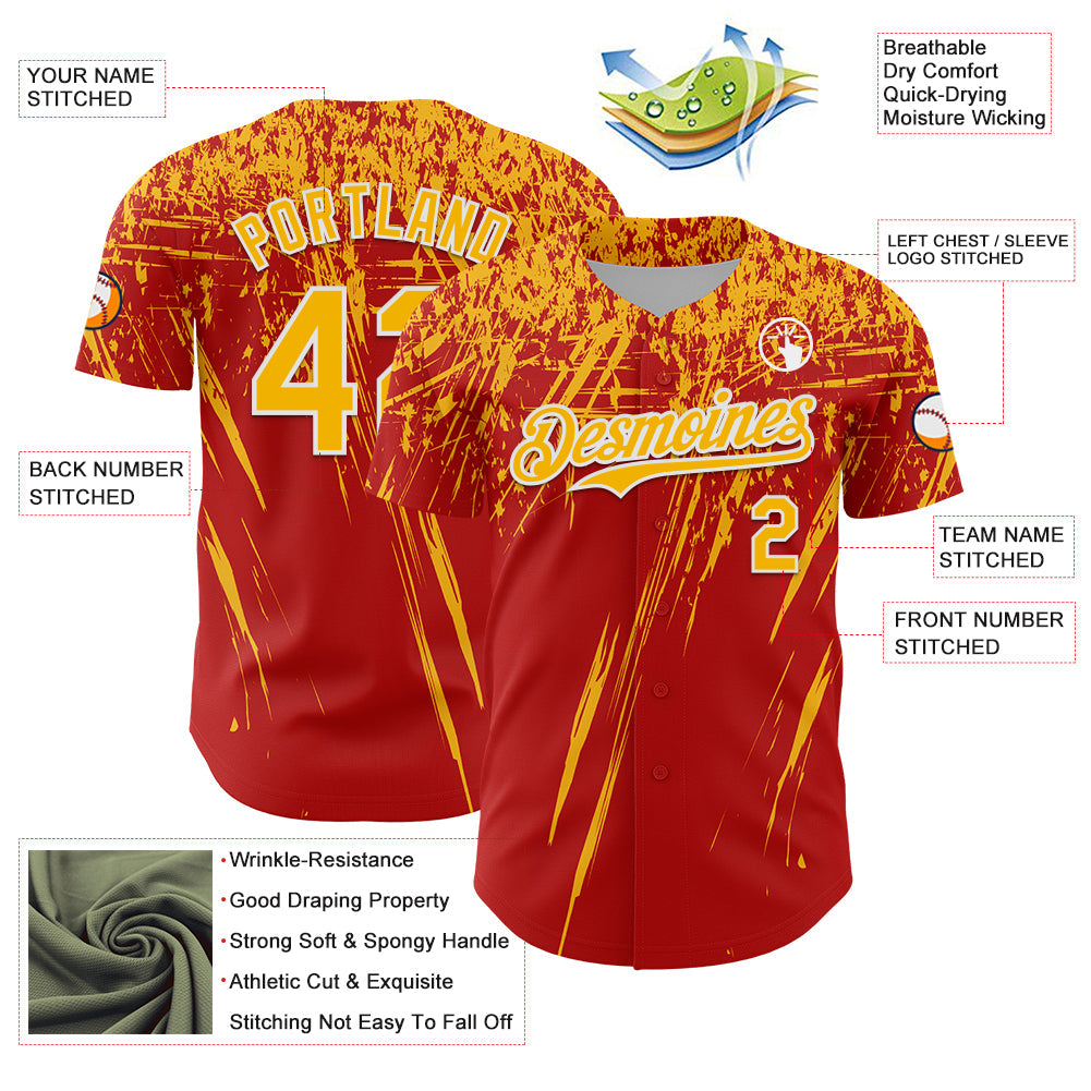 Custom Red Gold-White Distressed Scratch Brush Stroke Authentic Baseball Jersey baseball jersey product view 3