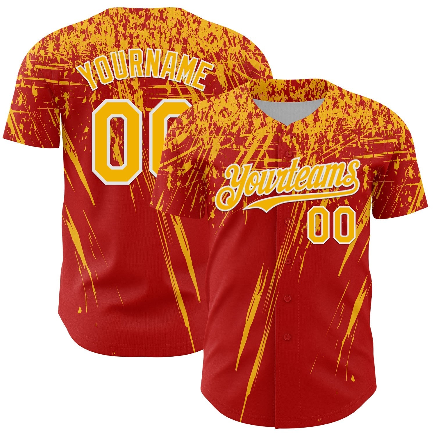 Custom Red Gold-White Distressed Scratch Brush Stroke Authentic Baseball Jersey baseball jersey product view 1