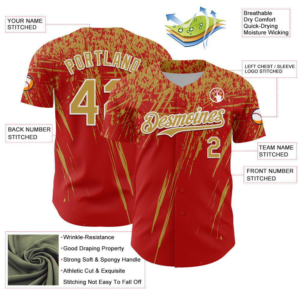 Custom Red Old Gold-White Distressed Scratch Brush Stroke Authentic Baseball Jersey baseball jersey product view 3