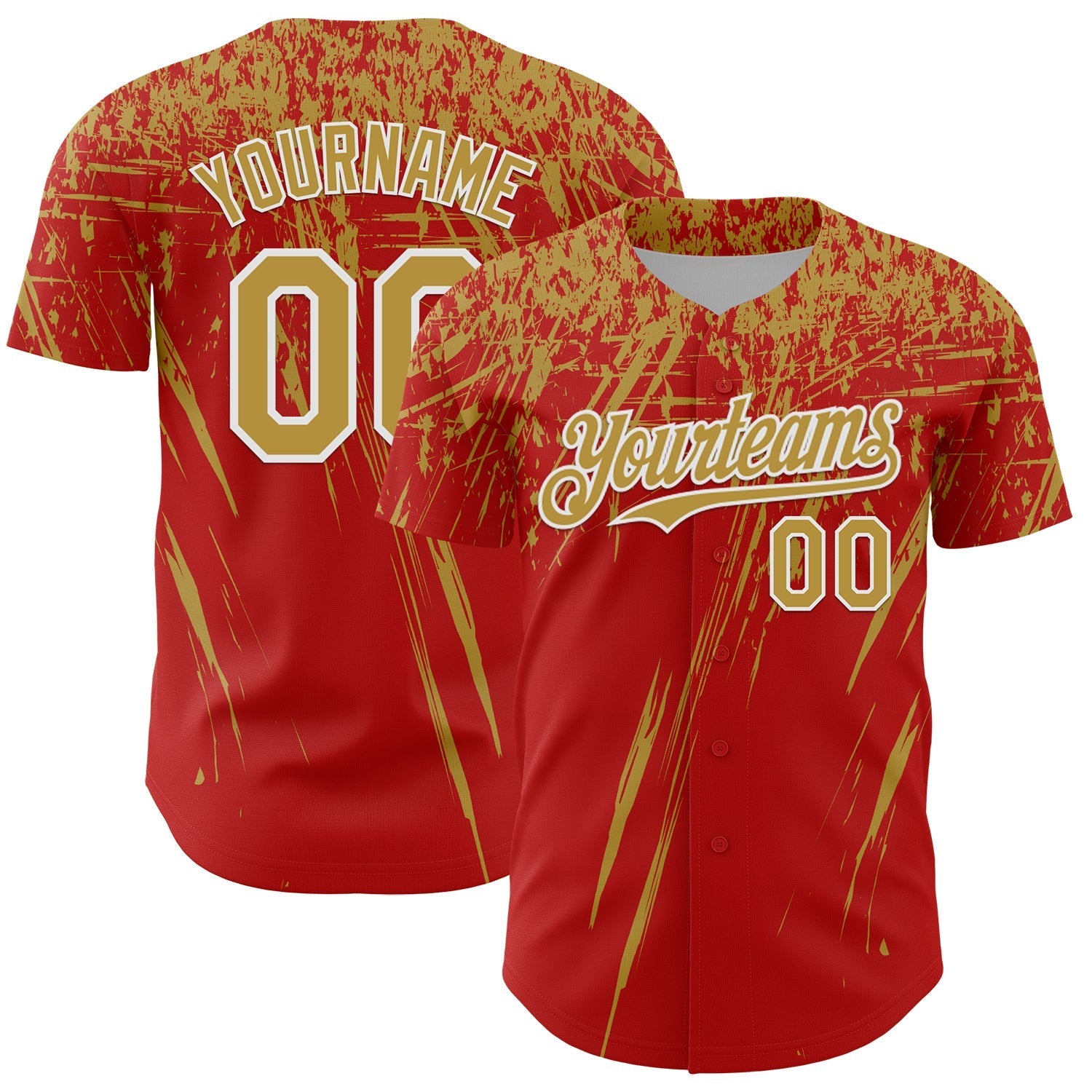 Custom Red Old Gold-White Distressed Scratch Brush Stroke Authentic Baseball Jersey baseball jersey product view 1