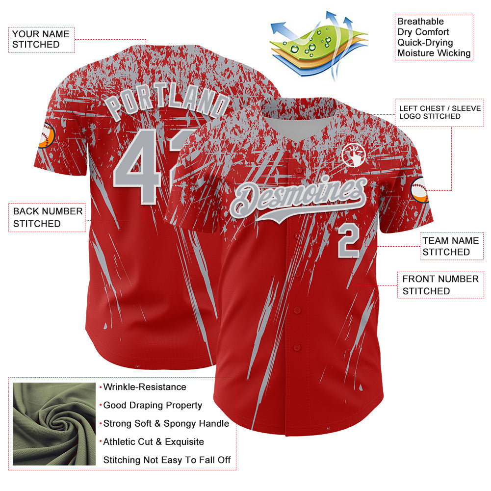 Custom Red Gray-White Distressed Scratch Brush Stroke Authentic Baseball Jersey baseball jersey product view 3