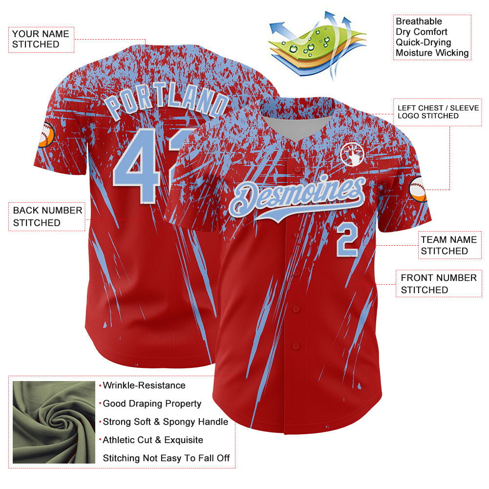 Custom Red Light Blue-White Distressed Scratch Brush Stroke Authentic Baseball Jersey baseball jersey product view 3
