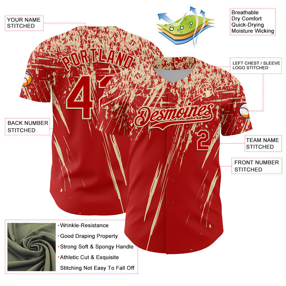 Custom Red Cream Distressed Scratch Brush Stroke Authentic Baseball Jersey baseball jersey product view 3