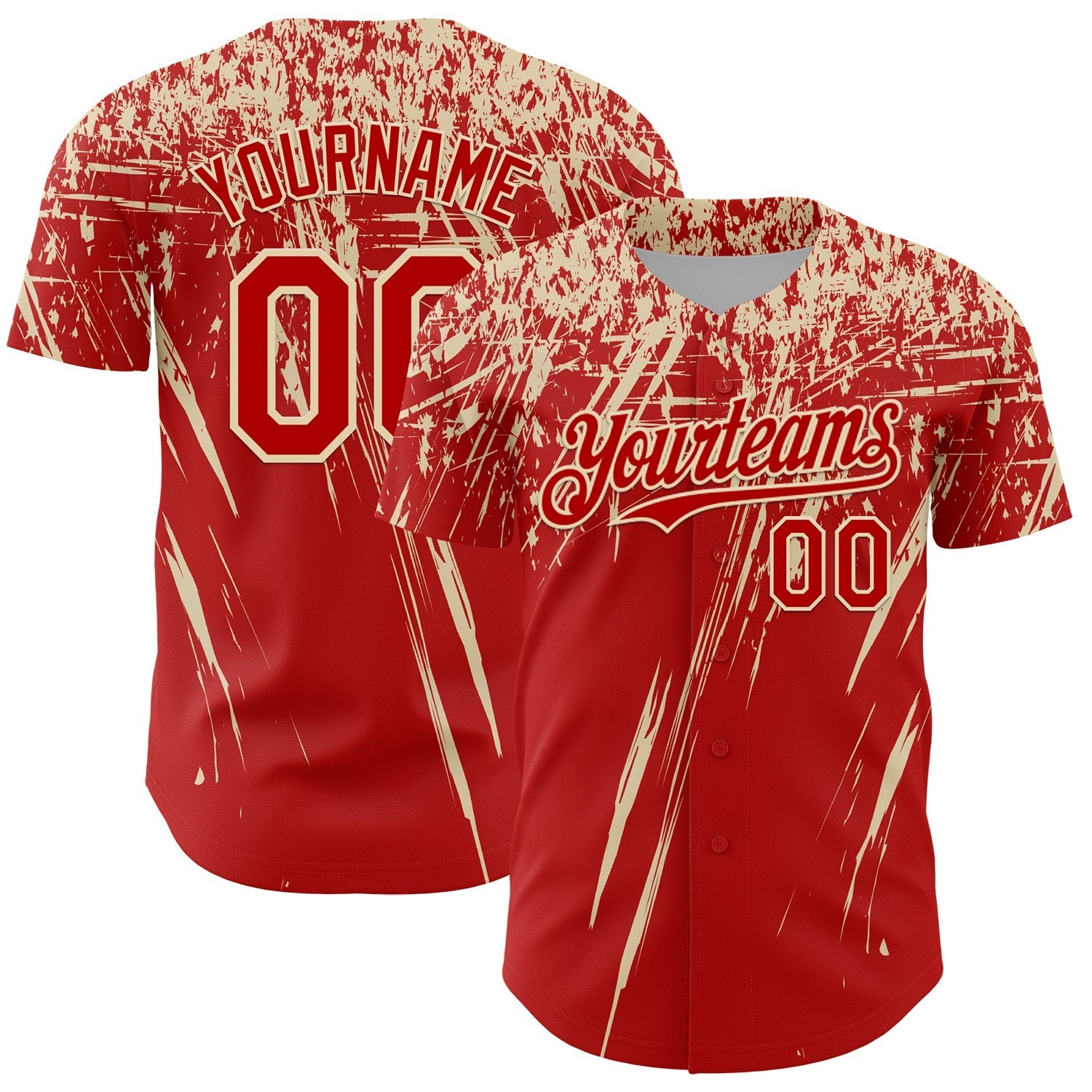 Custom Red Cream Distressed Scratch Brush Stroke Authentic Baseball Jersey baseball jersey product view 1