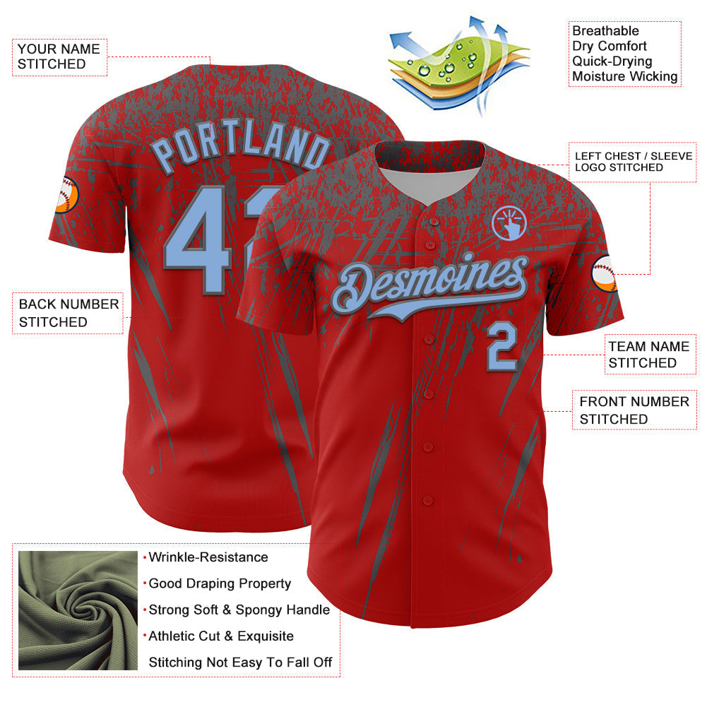 Custom Red Light Blue-Steel Gray Distressed Scratch Brush Stroke Authentic Baseball Jersey baseball jersey product view 3
