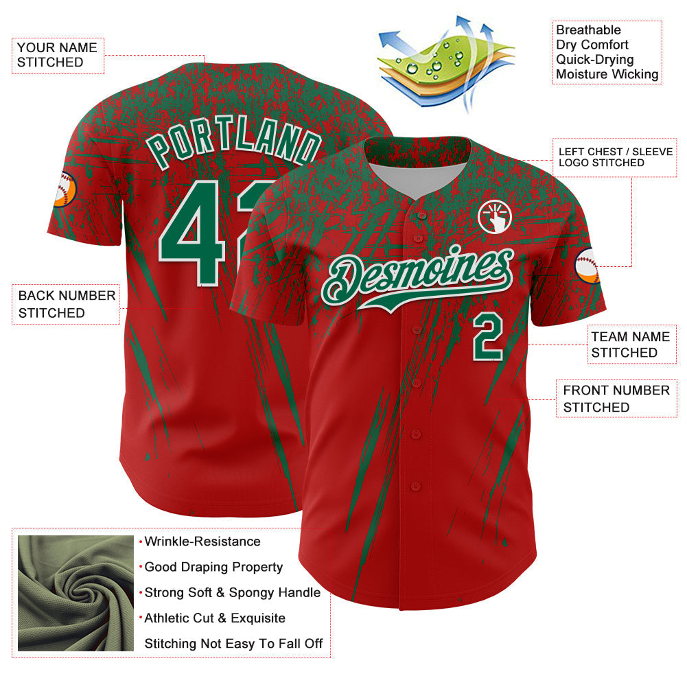 Custom Red Kelly Green-White Distressed Scratch Brush Stroke Authentic Baseball Jersey baseball jersey product view 3