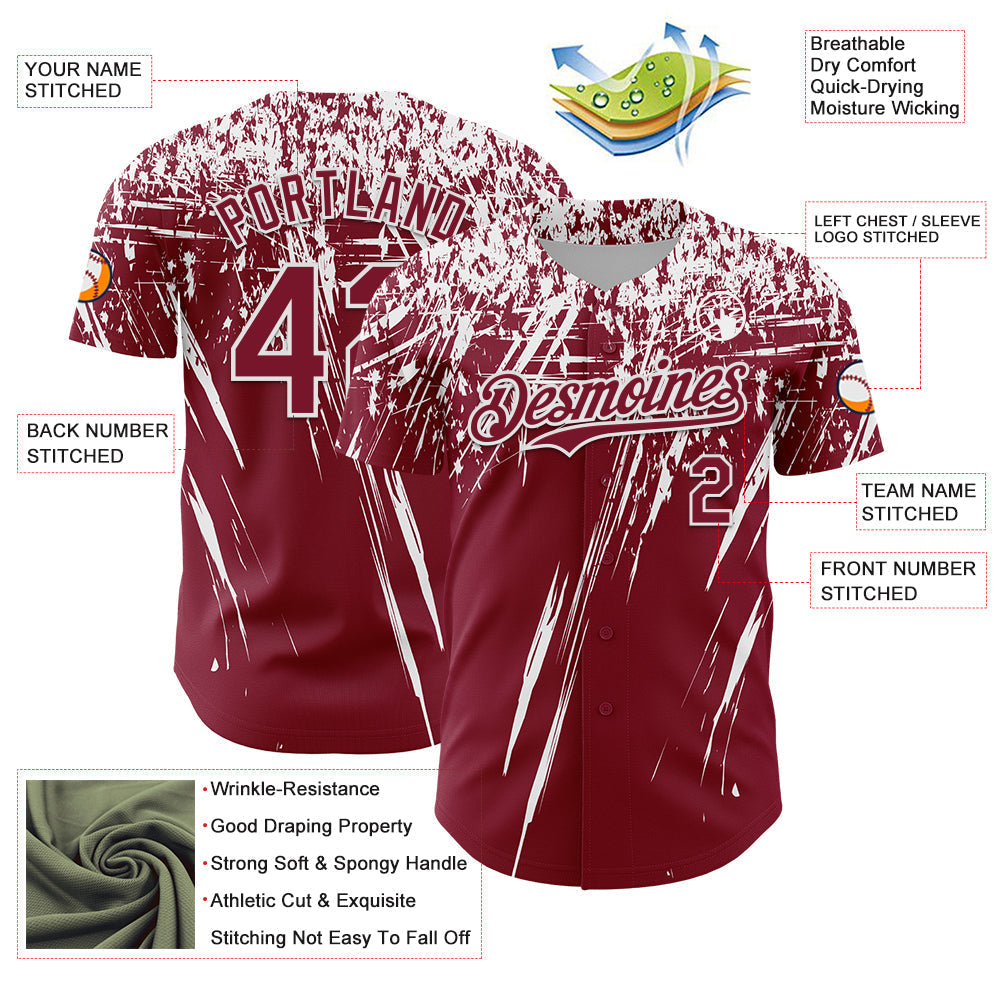 Custom Crimson White Distressed Scratch Brush Stroke Authentic Baseball Jersey baseball jersey product view 3