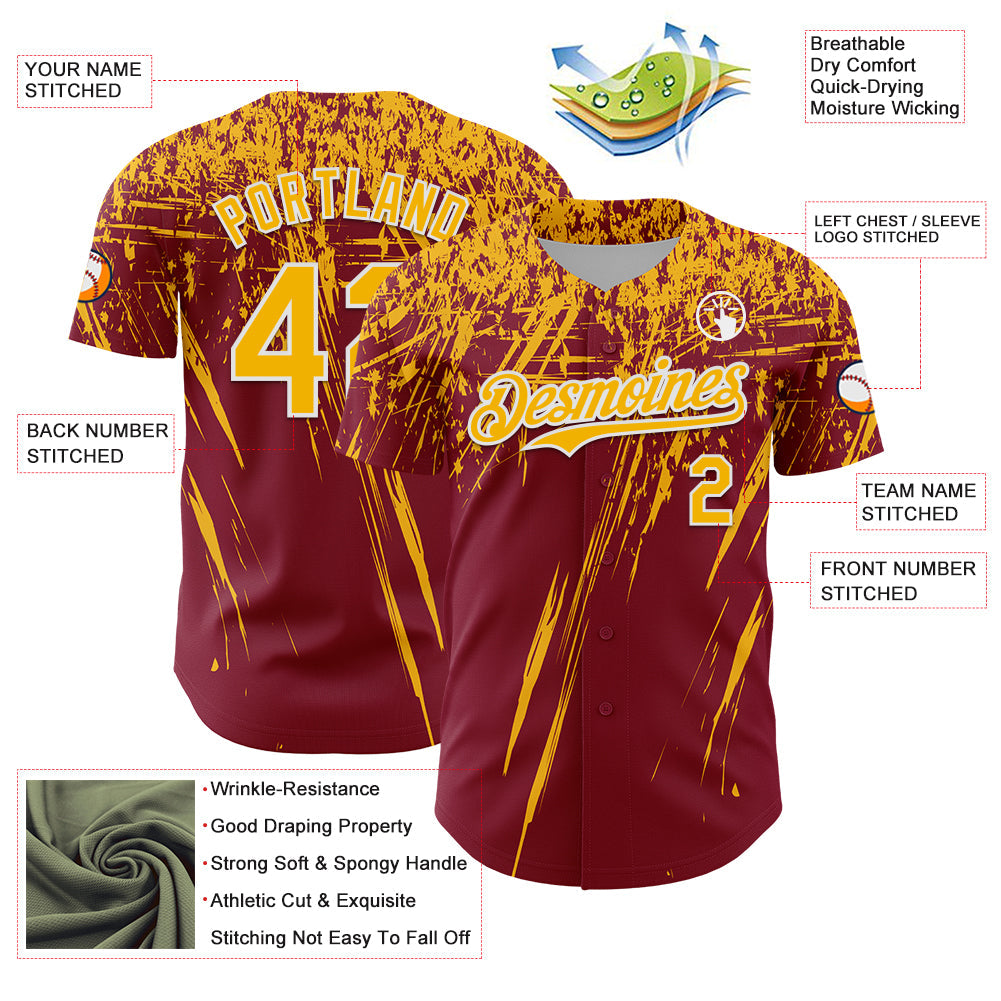 Custom Crimson Gold-White Distressed Scratch Brush Stroke Authentic Baseball Jersey baseball jersey product view 3