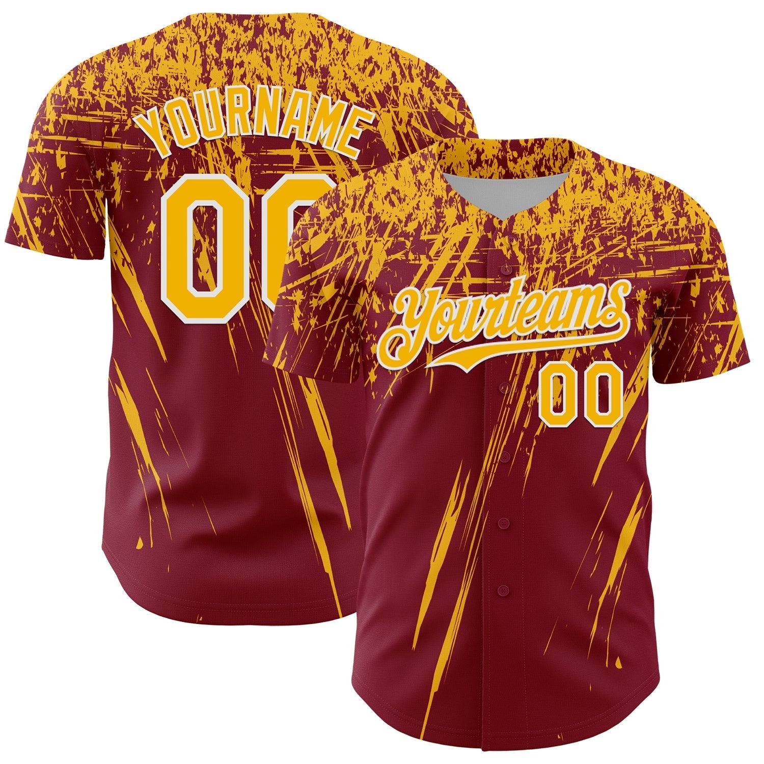 Custom Crimson Gold-White Distressed Scratch Brush Stroke Authentic Baseball Jersey baseball jersey product view 1