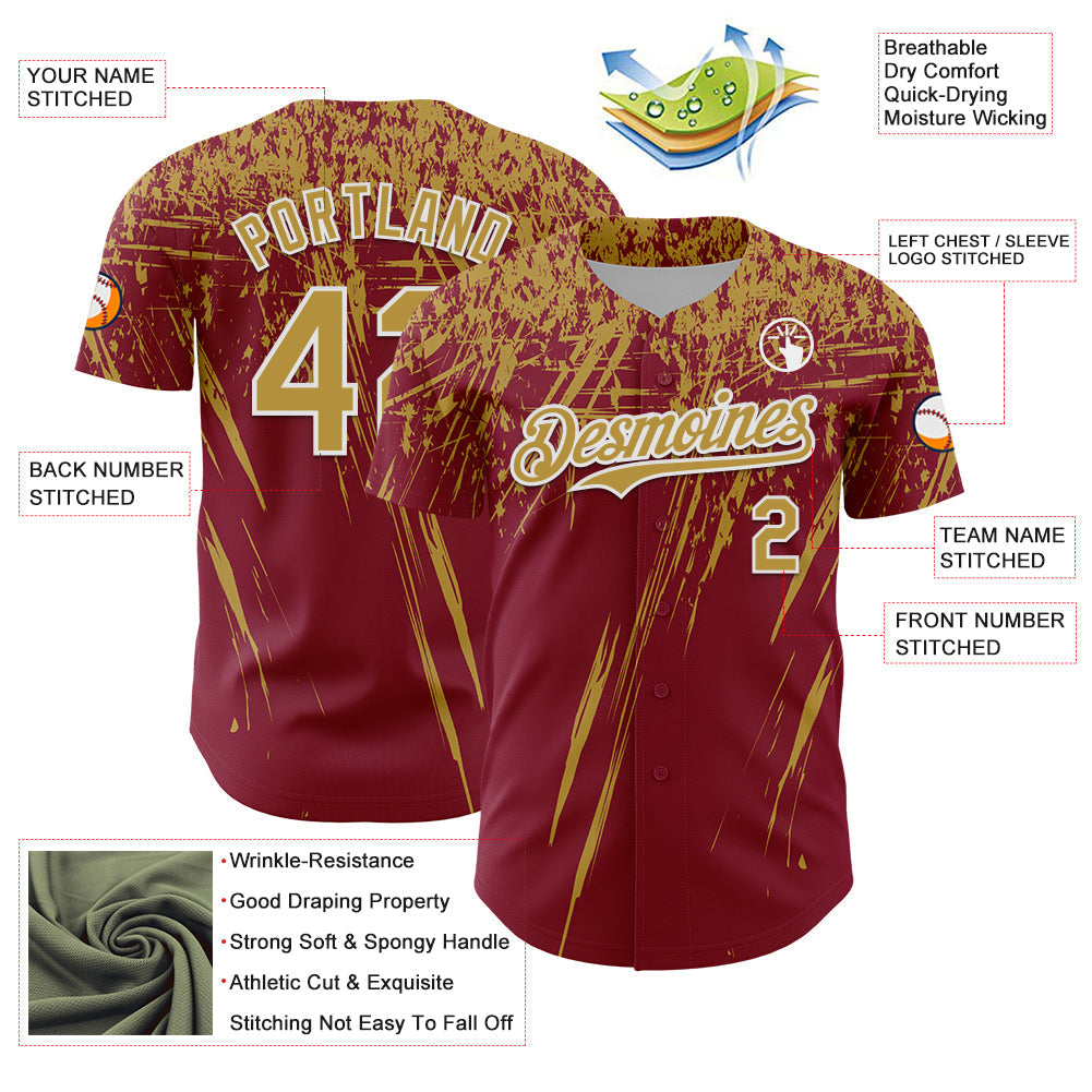 Custom Crimson Old Gold-White Distressed Scratch Brush Stroke Authentic Baseball Jersey baseball jersey product view 3