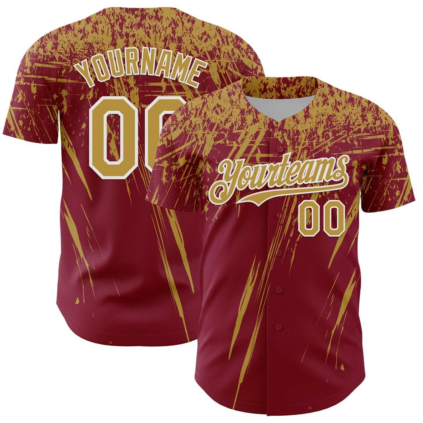 Custom Crimson Old Gold-White Distressed Scratch Brush Stroke Authentic Baseball Jersey baseball jersey product view 1