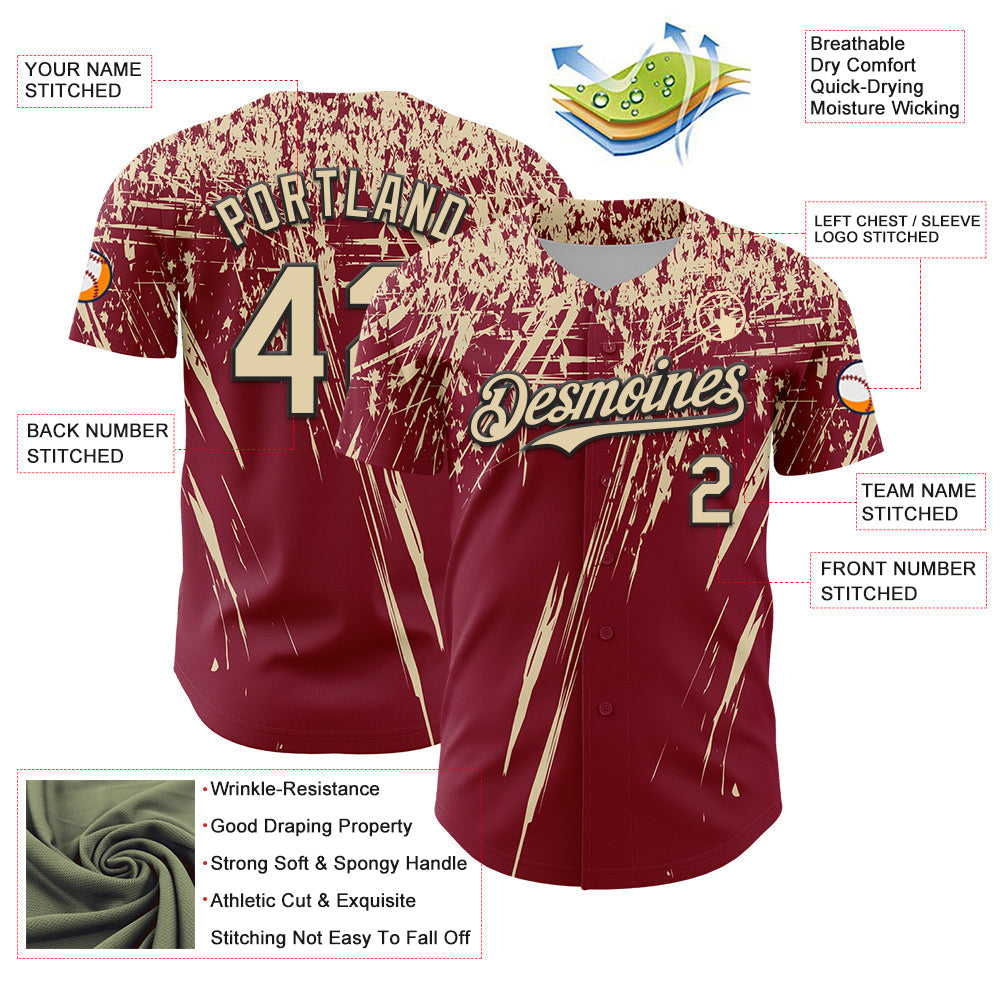 Custom Crimson Cream-Black Distressed Scratch Brush Stroke Authentic Baseball Jersey baseball jersey product view 3