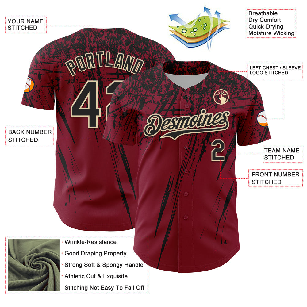 Custom Crimson Black-Cream Distressed Scratch Brush Stroke Authentic Baseball Jersey baseball jersey product view 3