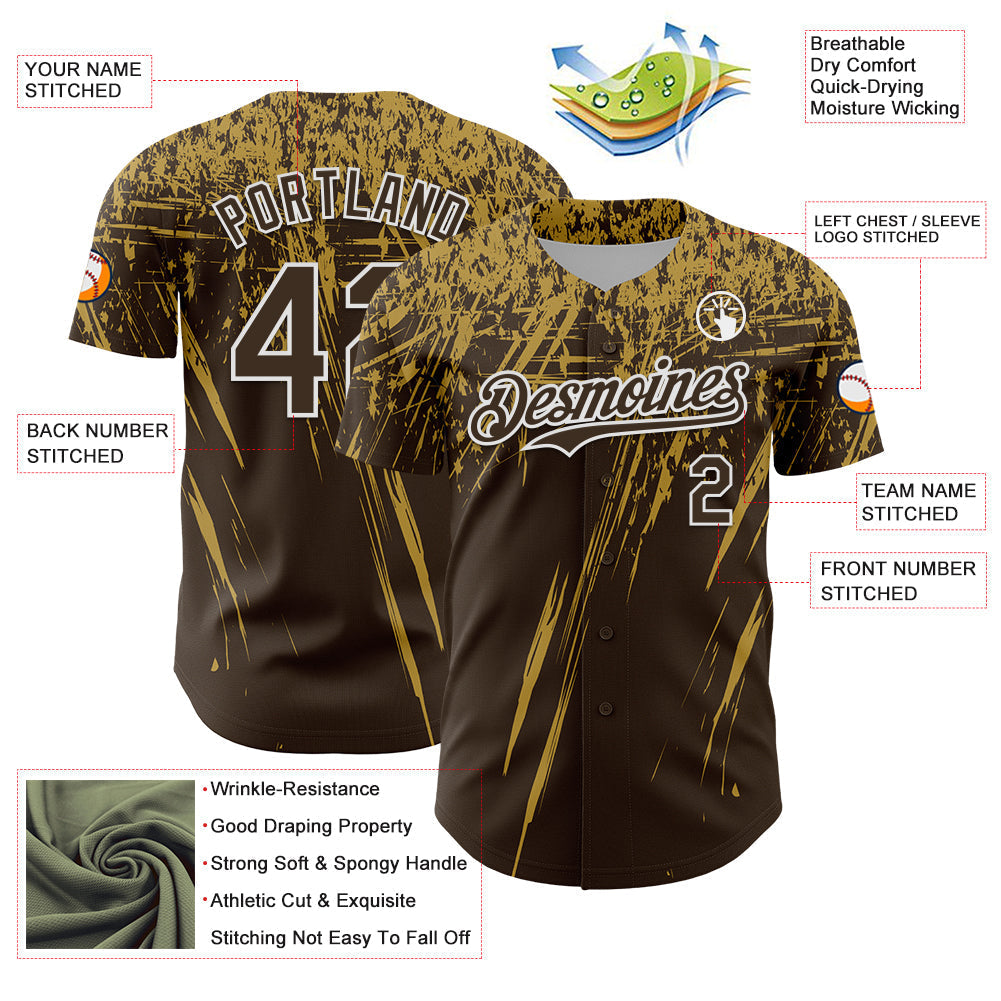 Custom Brown Old Gold-White Distressed Scratch Brush Stroke Authentic Baseball Jersey baseball jersey product view 3