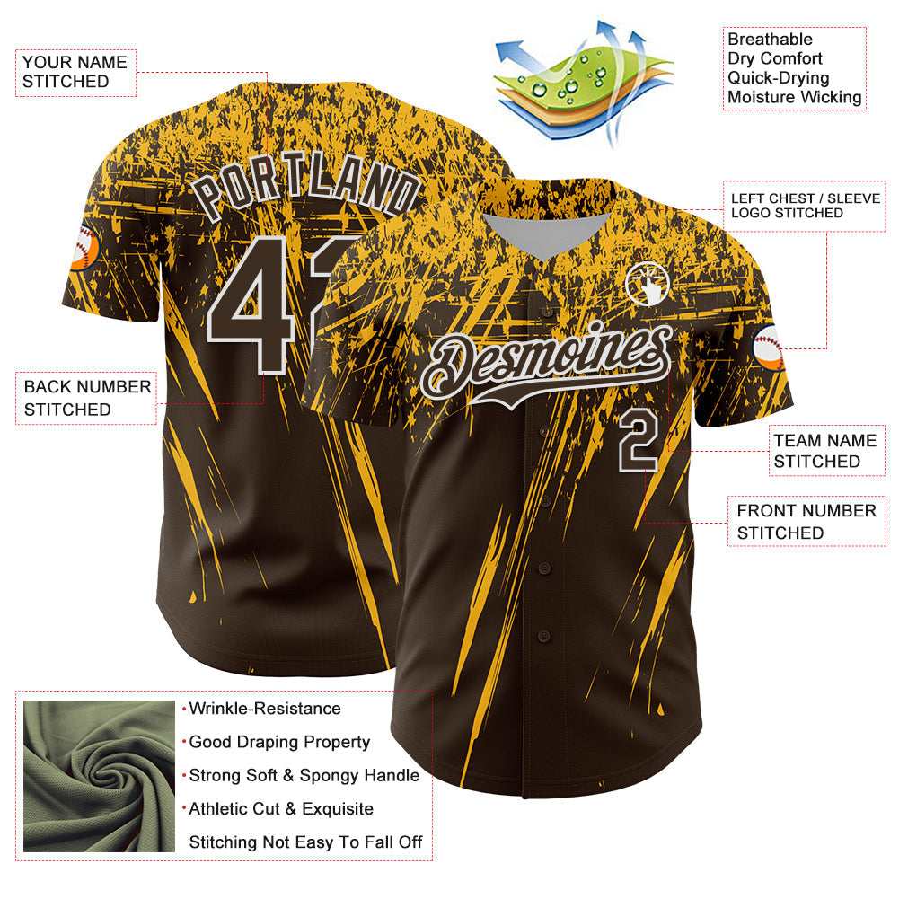 Custom Brown Gold-White Distressed Scratch Brush Stroke Authentic Baseball Jersey baseball jersey product view 3