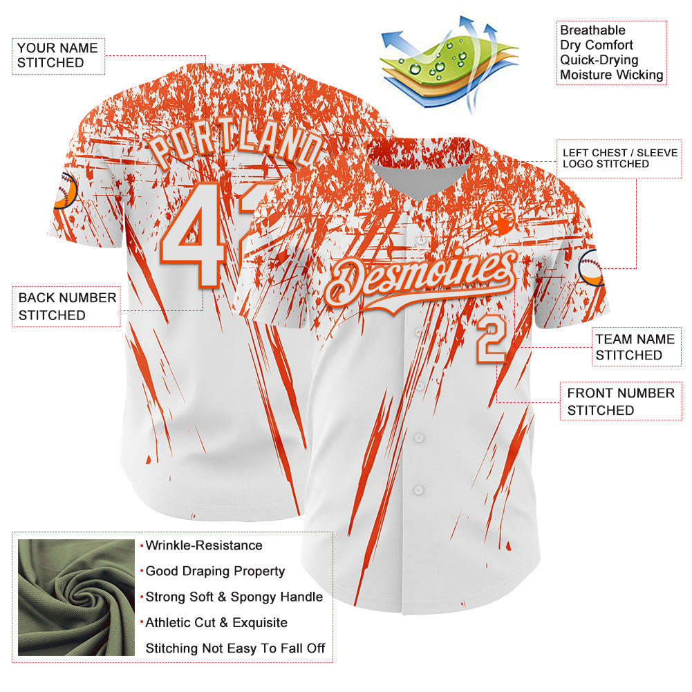 Custom White Orange Distressed Scratch Brush Stroke Authentic Baseball Jersey baseball jersey product view 3