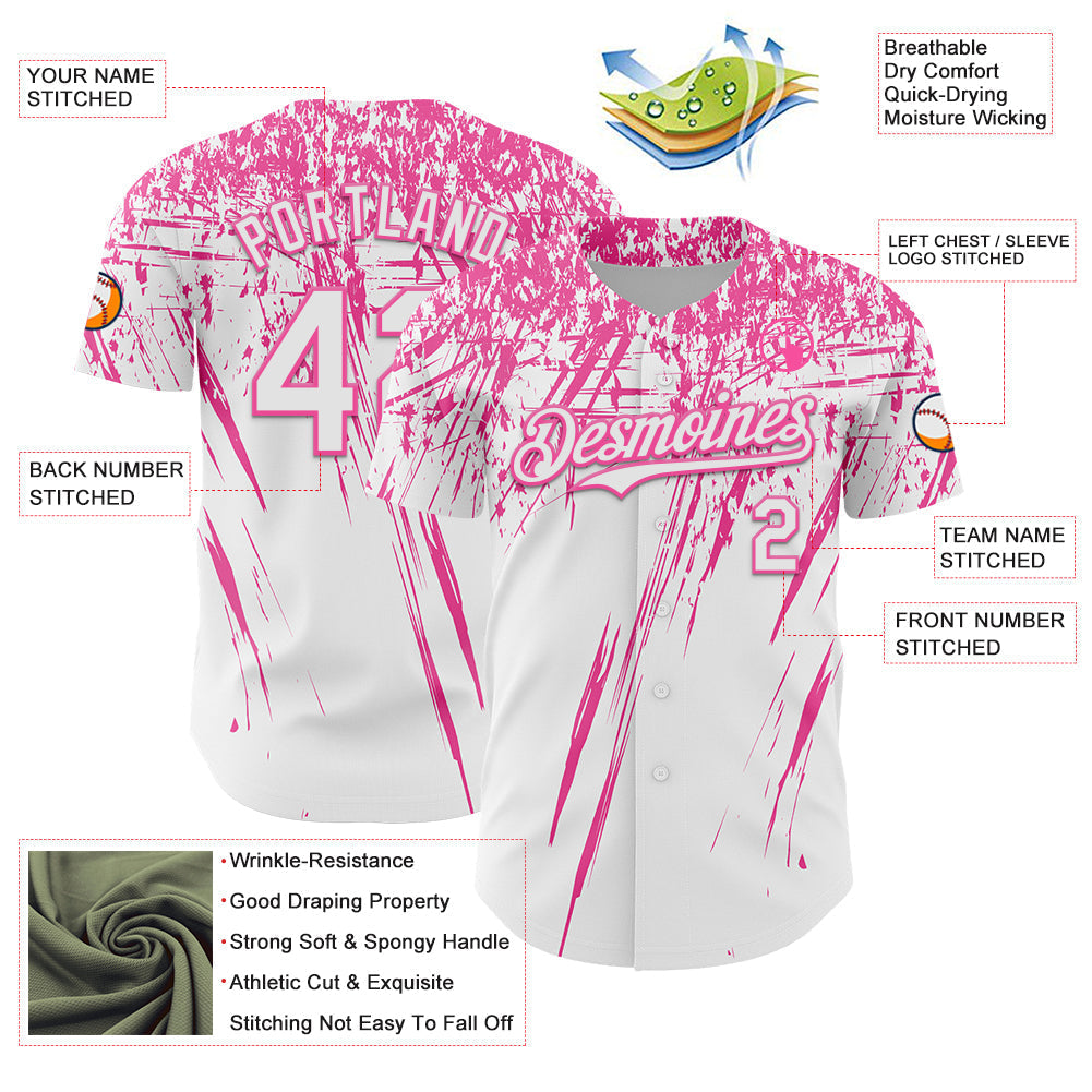 Custom White Pink Distressed Scratch Brush Stroke Authentic Baseball Jersey baseball jersey product view 3