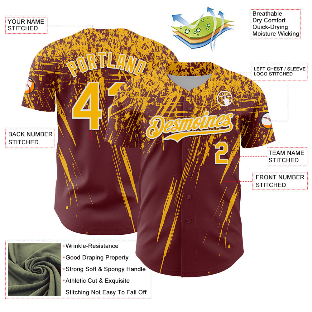 Custom Burgundy Gold-White Distressed Scratch Brush Stroke Authentic Baseball Jersey baseball jersey product view 3