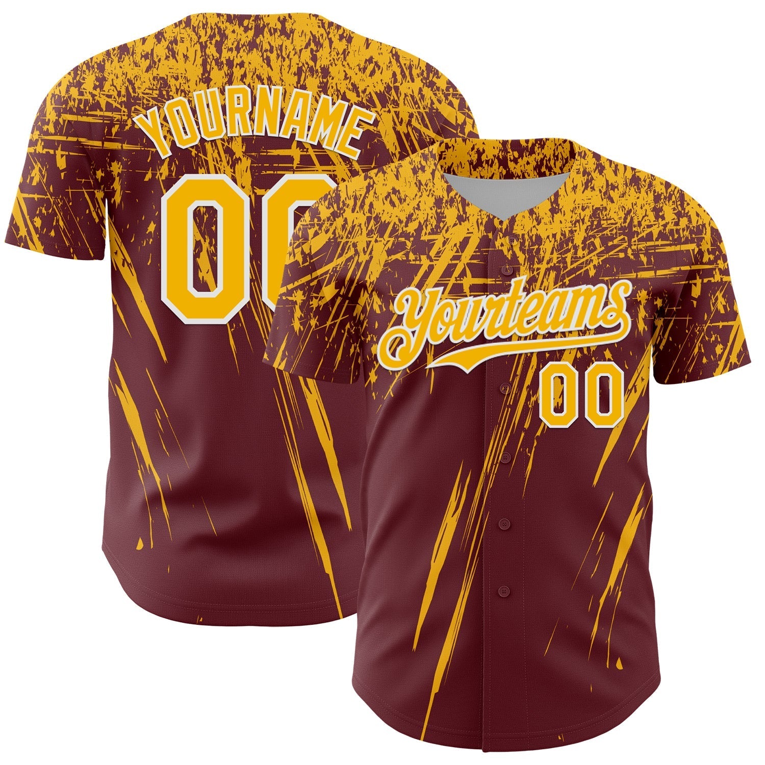 Custom Burgundy Gold-White Distressed Scratch Brush Stroke Authentic Baseball Jersey baseball jersey product view 1