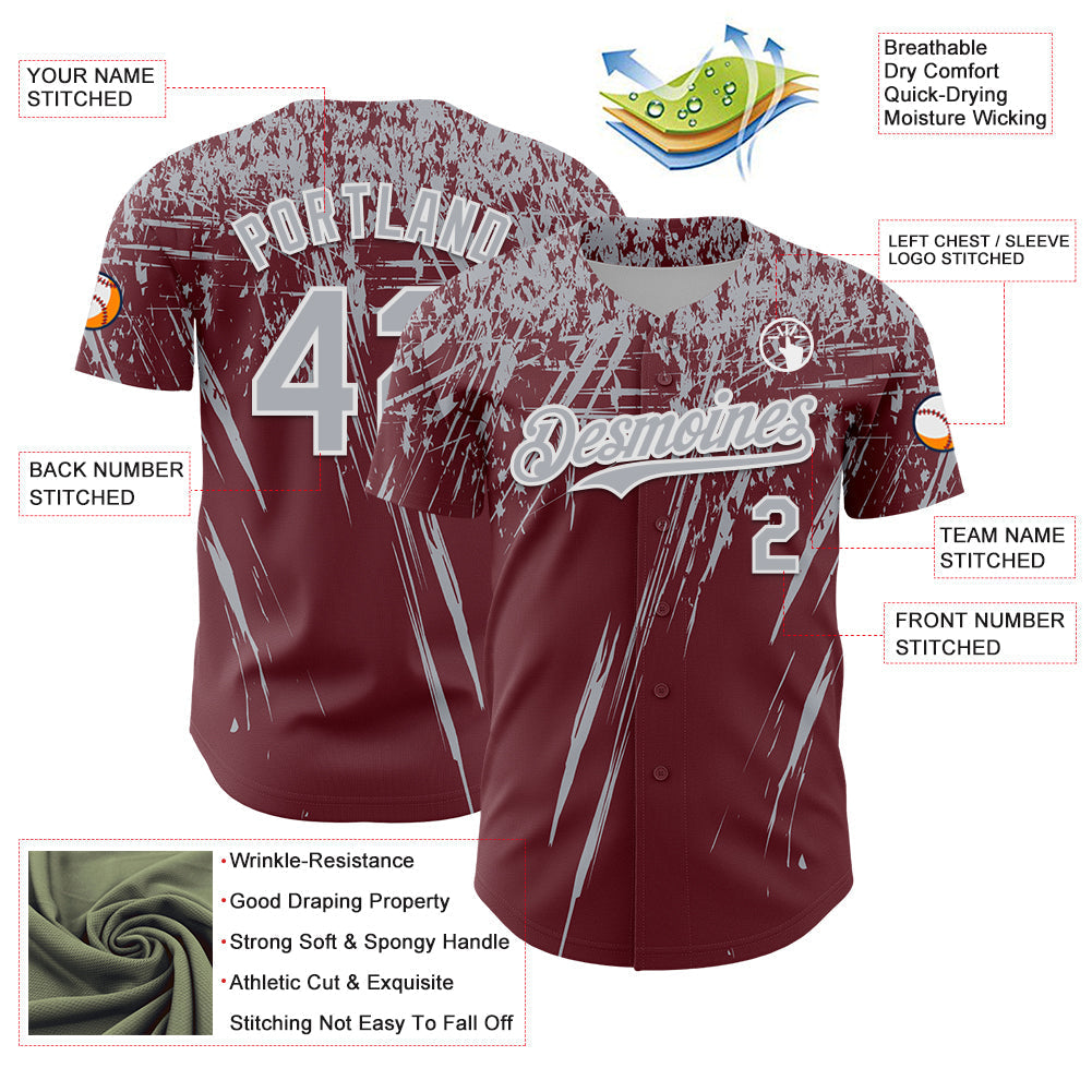 Custom Burgundy Gray-White Distressed Scratch Brush Stroke Authentic Baseball Jersey baseball jersey product view 3