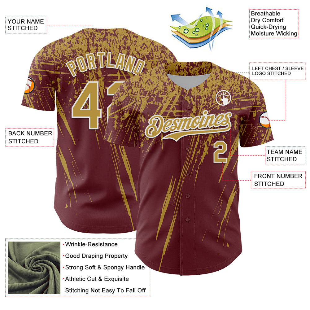 Custom Burgundy Old Gold-White Distressed Scratch Brush Stroke Authentic Baseball Jersey baseball jersey product view 3