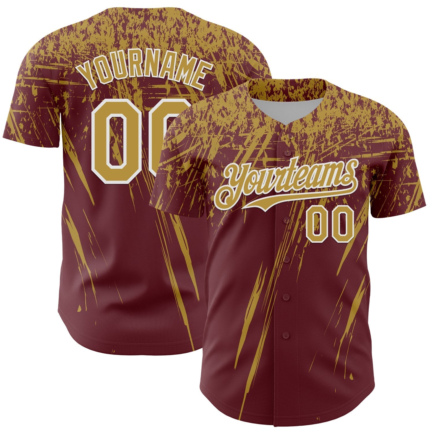 Custom Burgundy Old Gold-White Distressed Scratch Brush Stroke Authentic Baseball Jersey baseball jersey product view 1
