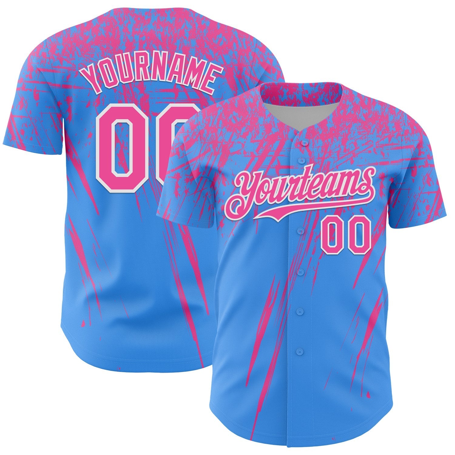 Custom Electric Blue Pink-White Distressed Scratch Brush Stroke Authentic Baseball Jersey baseball jersey product view 1