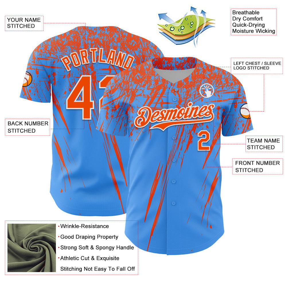 Custom Electric Blue Orange-White Distressed Scratch Brush Stroke Authentic Baseball Jersey baseball jersey product view 3