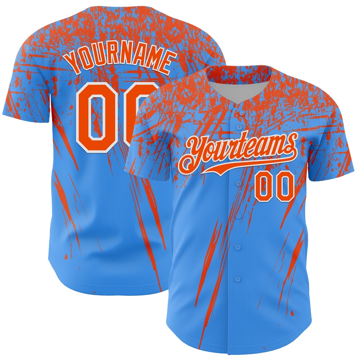 Custom Electric Blue Orange-White Distressed Scratch Brush Stroke Authentic Baseball Jersey baseball jersey product view 1